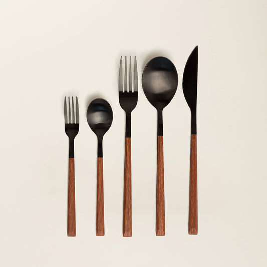 Set jedilnega pribora | Črn | Imitacija lesa